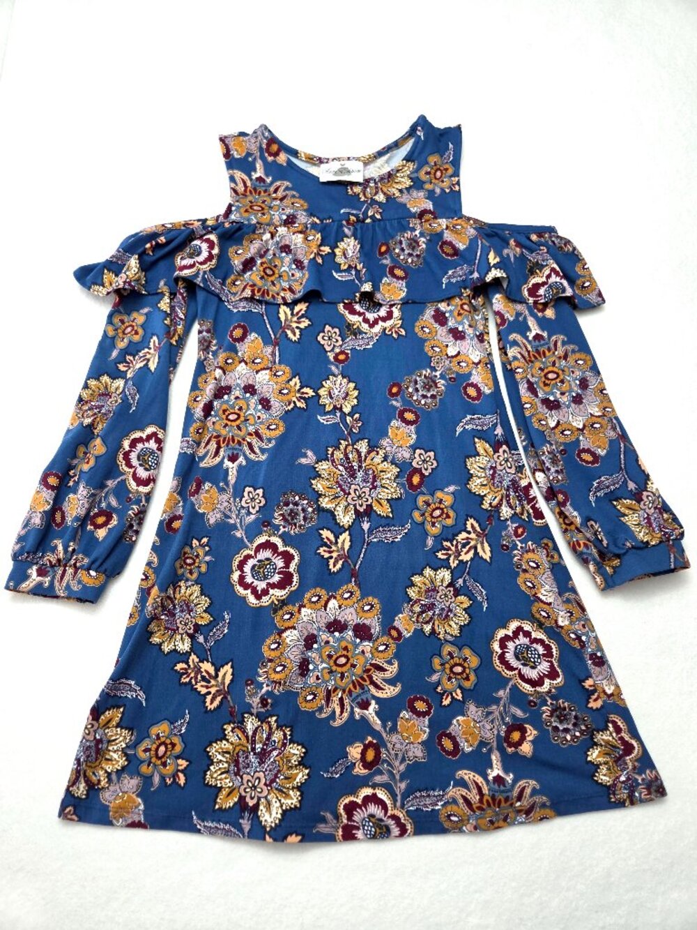 Rare Editions Cold Shoulder Ruffle Dress Blue Floral Girls Size 8